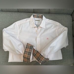 Burberry Men's Striped White Shirt with Check Cuffs